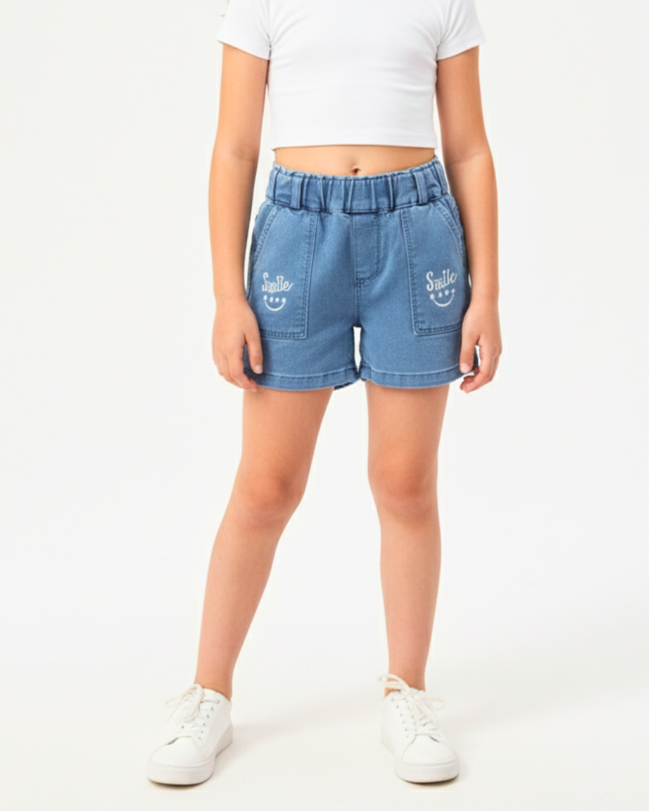 Girls' "Smile" Embroidered Denim Shorts