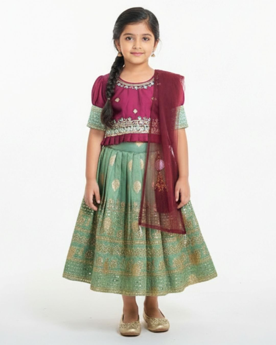 18-30 Maroon and Sage Green Sequence Tassel Work Traditional Pattu Pavadai 3 Piece Set