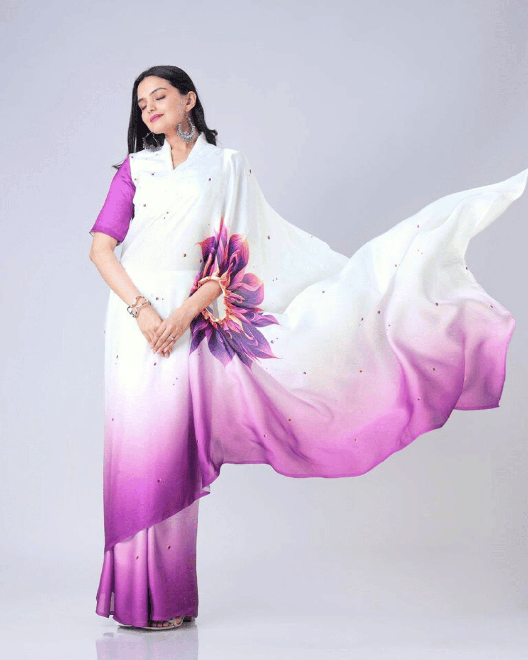 White & Purple Ombré Georgette Fusion Saree with Sunburst Floral Digital Print