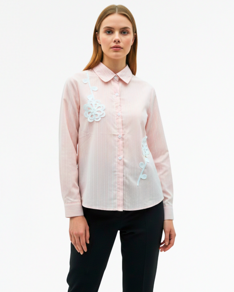 Girls' Striped Floral Appliqué Blouse