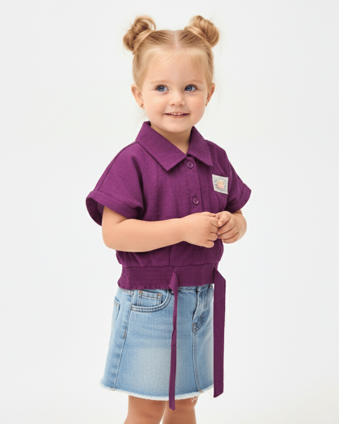 Girls' Royal Plum Textured Button-Down Crop Top