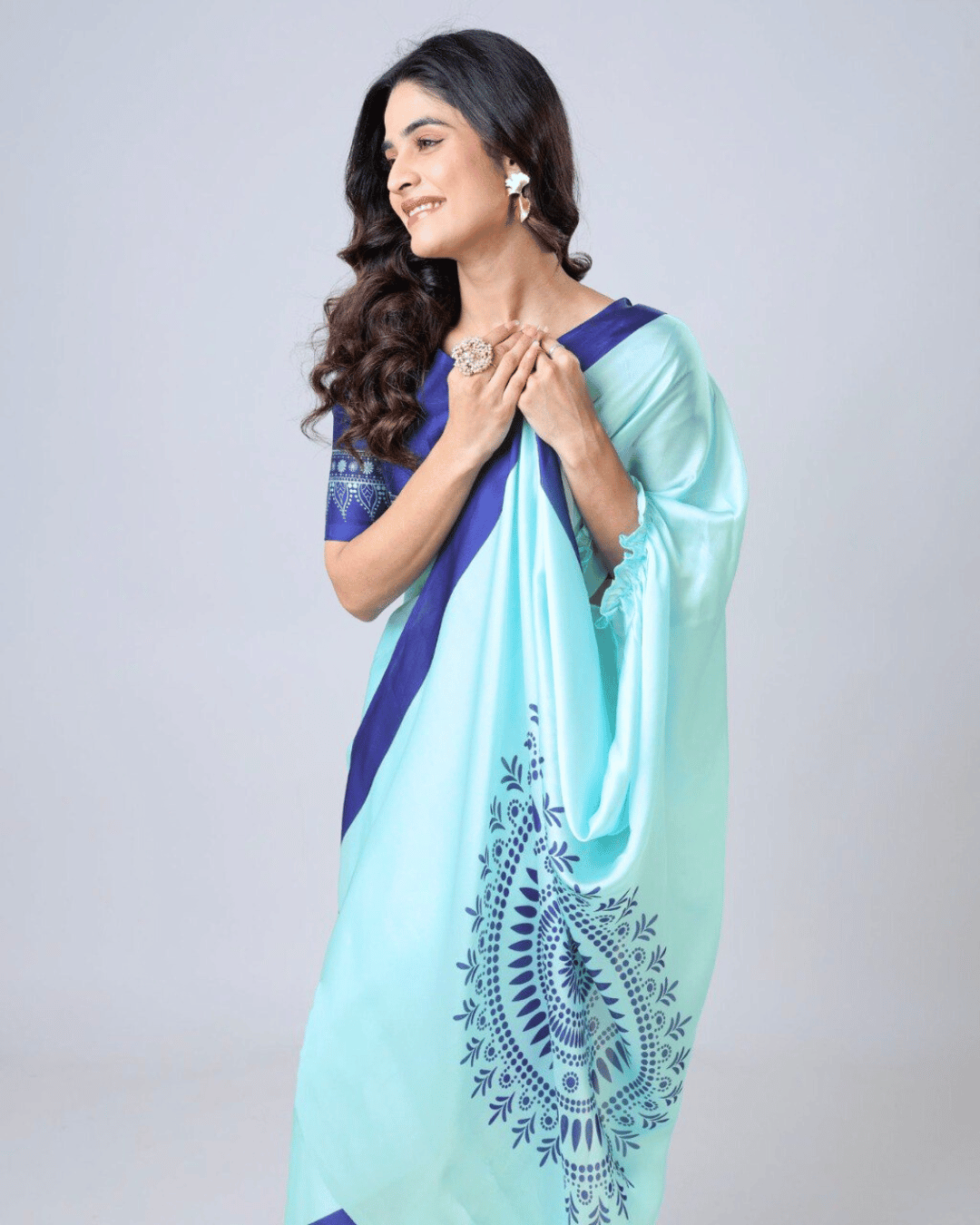 Sky Blue Georgette Fusion Saree with Cobalt Mandala Print & Cape Sleeve