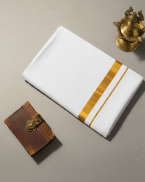 Men 100% Fine Combed Cotton White Dhoti with Border Gold 4m