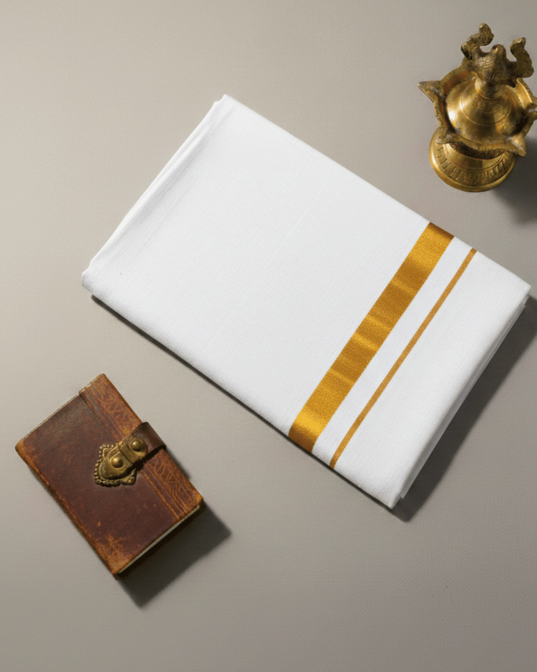 Men 100% Fine Combed Cotton White Dhoti with Border Gold 4m