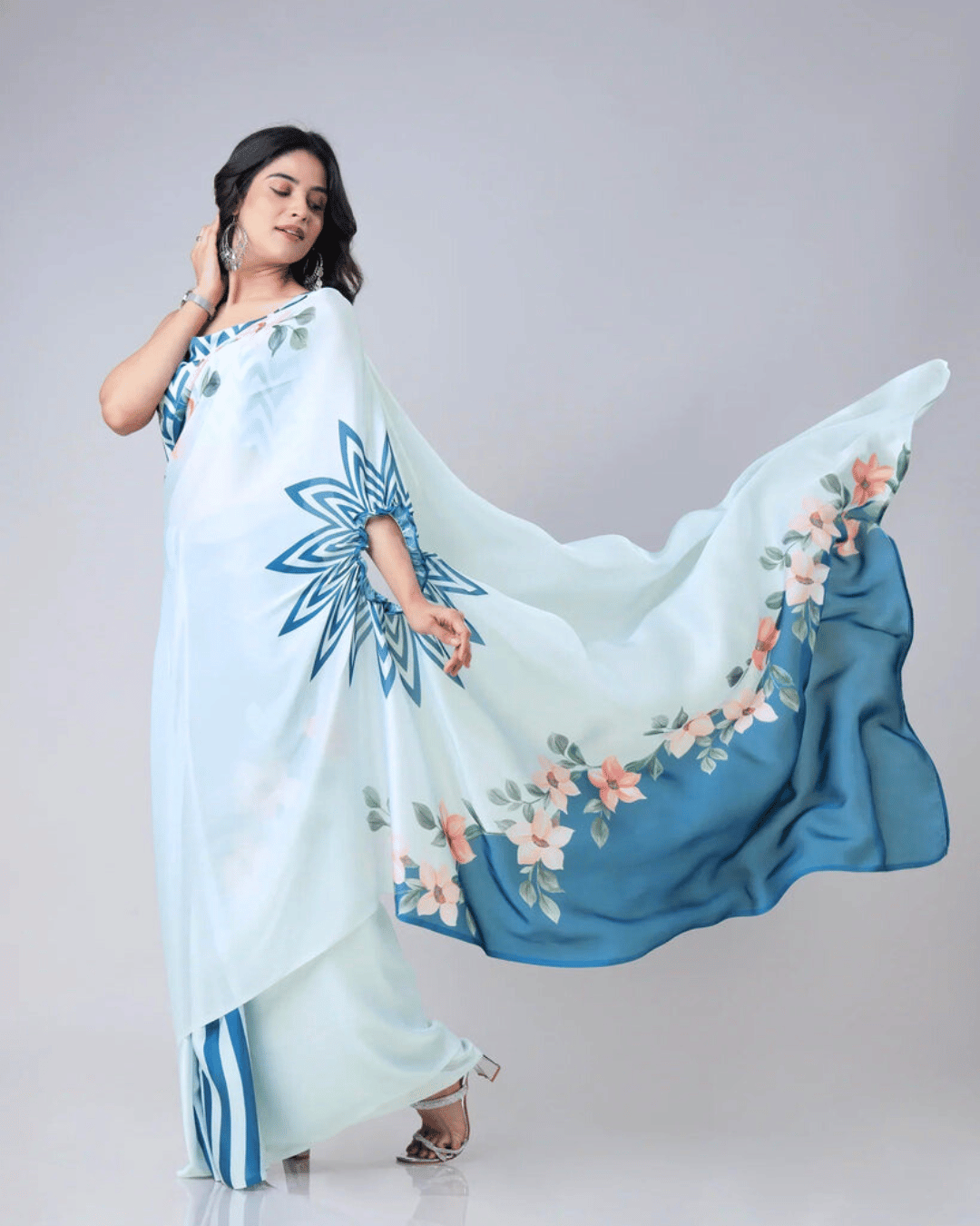 Sky Blue Georgette Fusion Saree with Geometric Digital Print & Chevron Blouse