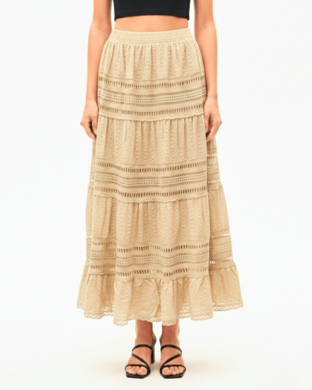 Girls' Tiered Lace-Trimmed Maxi Skirt