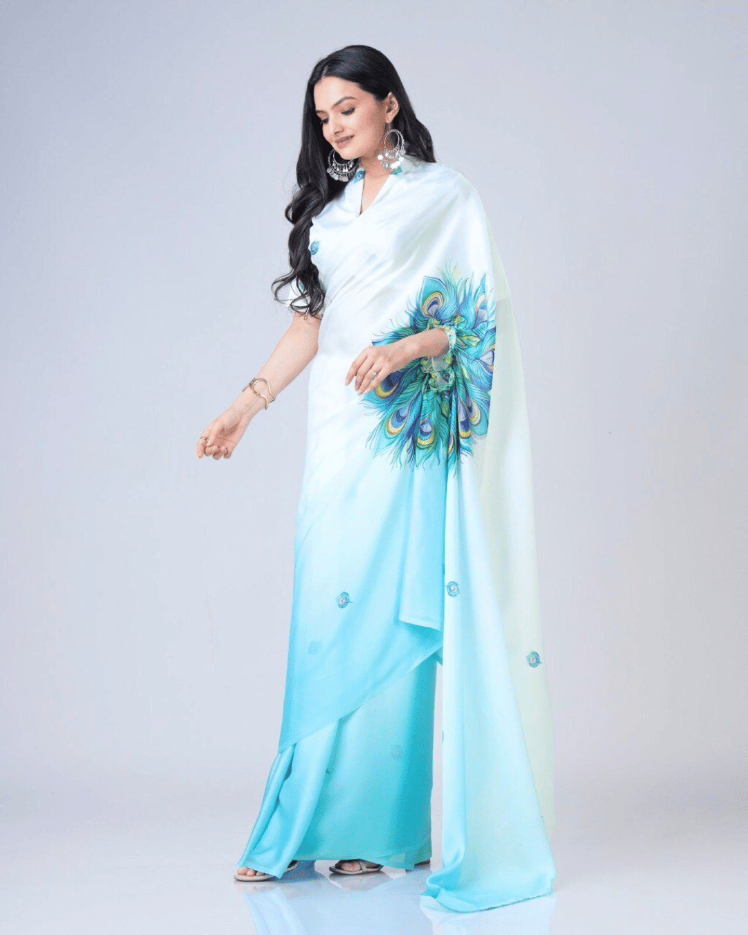 Turquoise & White Ombre Georgette Fusion Saree with Peacock Digital Print