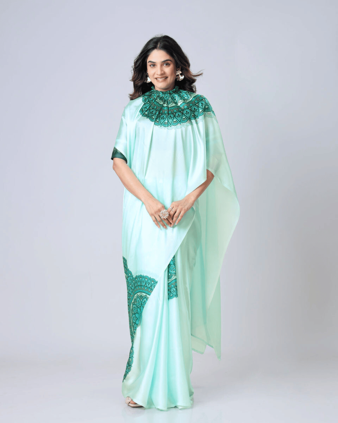 Seafoam Green Georgette Fusion Saree with Emerald Mandala Print & Convertible Cape