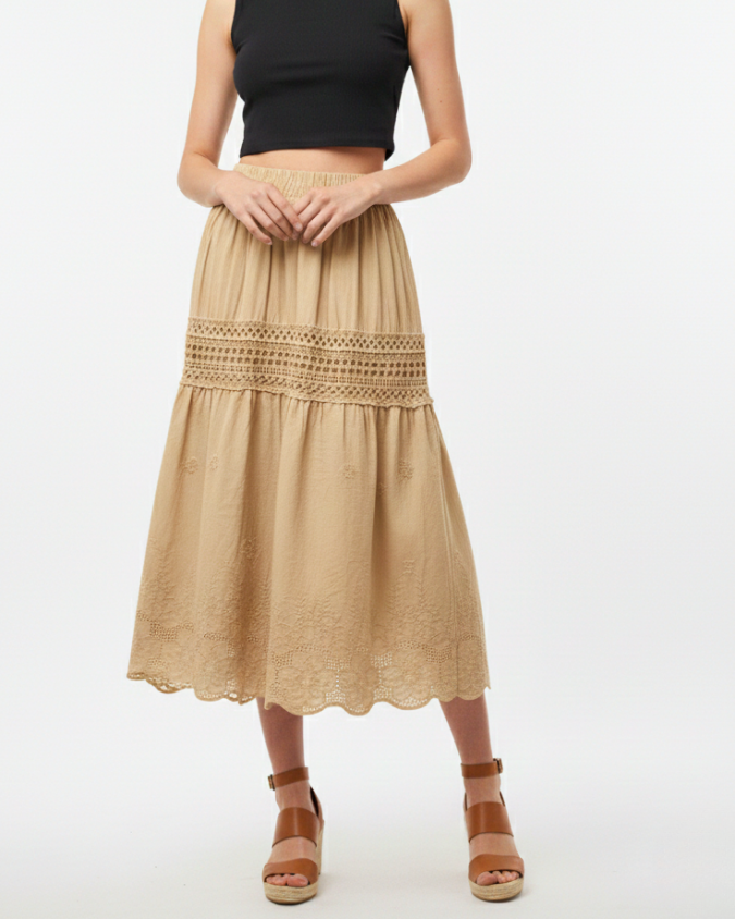 Embroidered Crochet Lace Tiered Midi Skirt