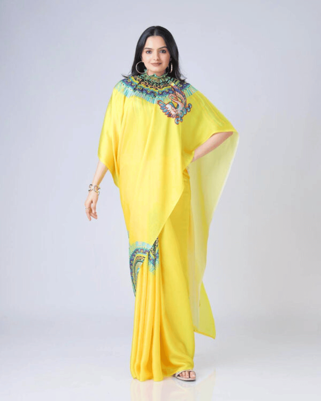 Citron Yellow Georgette Fusion Saree with Digital Swan Print & Detachable Kaftan Cape