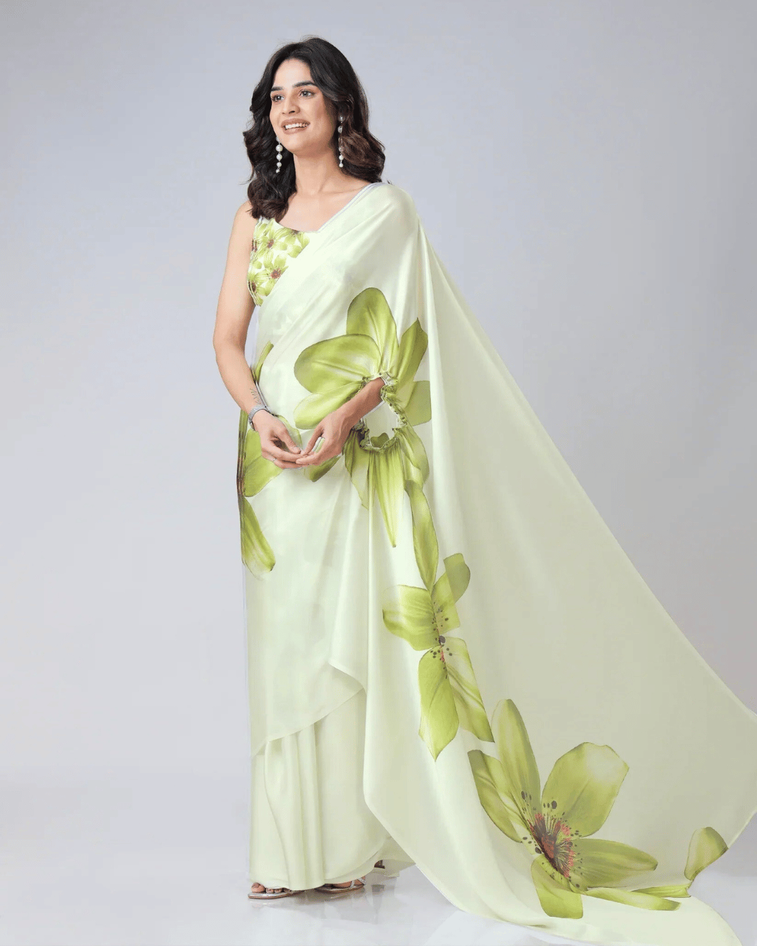 Lime Green & Cream Georgette Fusion Saree with Bold Floral Digital Print