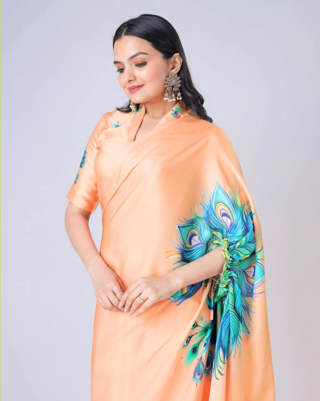 Peach Georgette Fusion Saree with Peacock Digital Print & Cape Sleeve