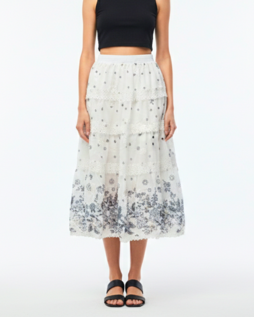 Girls Floral Lace Tiered Midi White Skirt