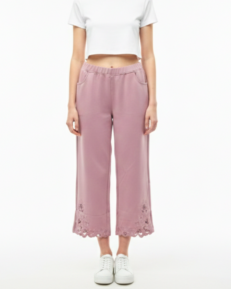 Girls' Embroidered Lace-Hem Culotte Pants