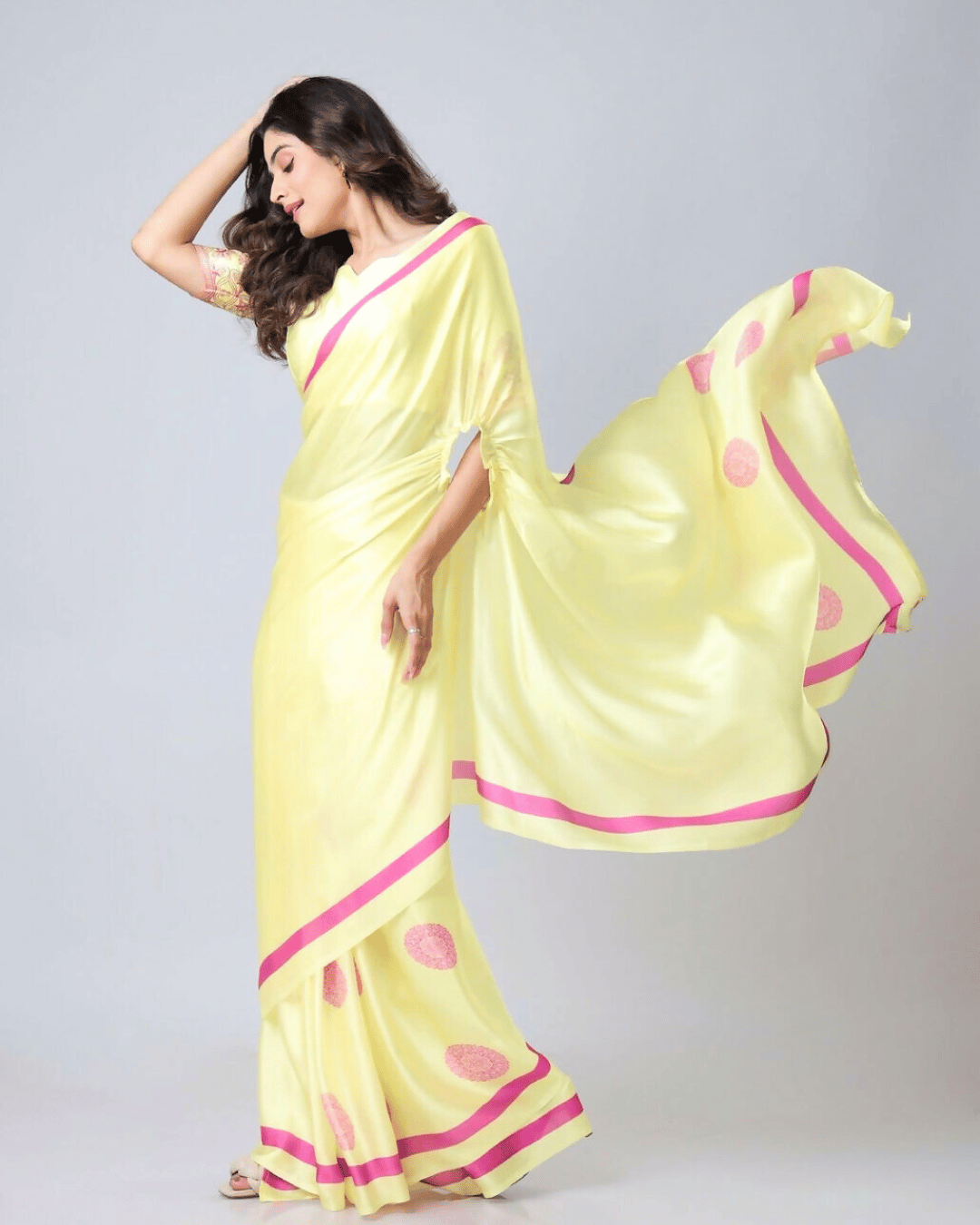 Lemon Yellow Georgette Fusion Saree with Pink Mandala Digital Print & Cape