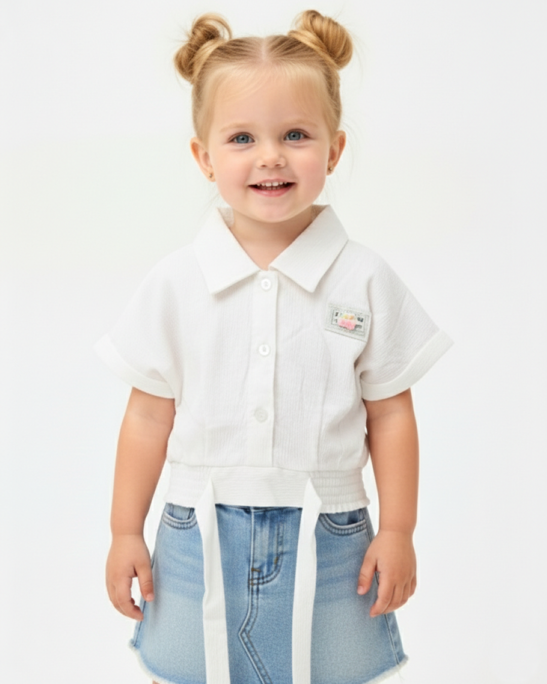 Girls' Crisp White Textured Button-Up Crop Top