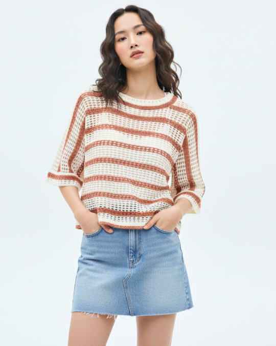 Girls Striped Open-Knit Croptop Blouse