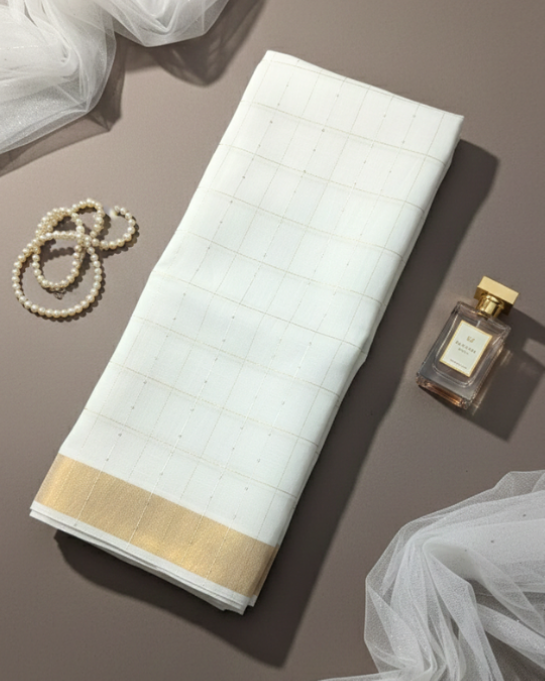 White Linen Sequence Checks Fancy Saree