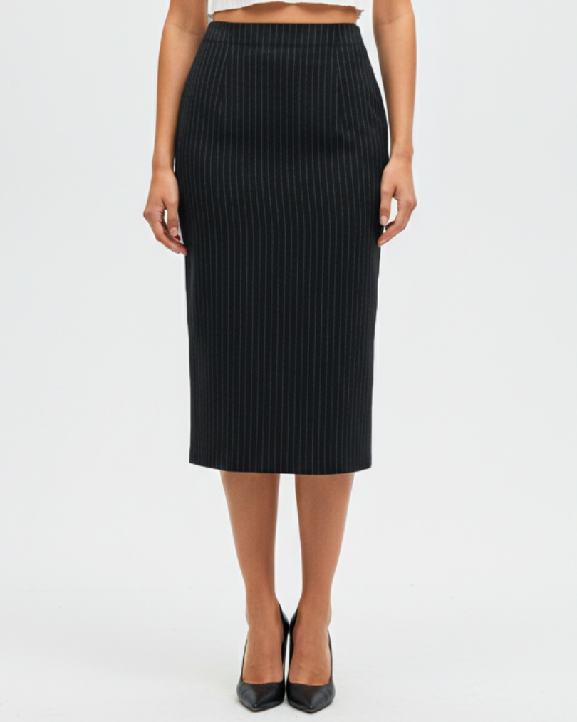 Pinstripe High-Waist Pencil Formal Skirt with Side Slit