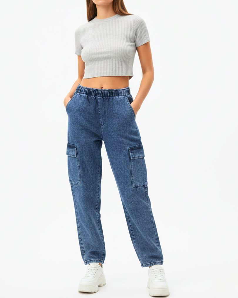 High-Rise Elastic Waist Cargo Jogger Jeans