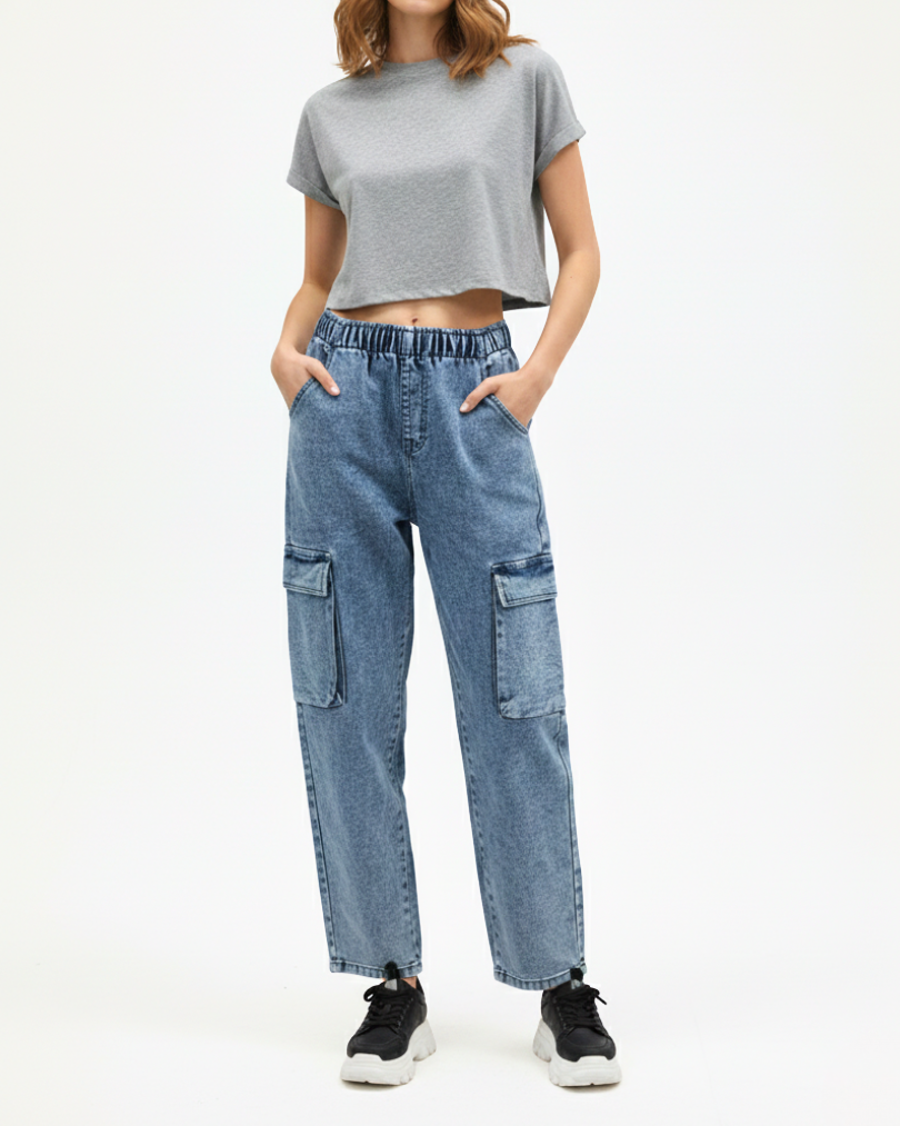 High-Waisted Elastic Waist Denim Cargo Jeans