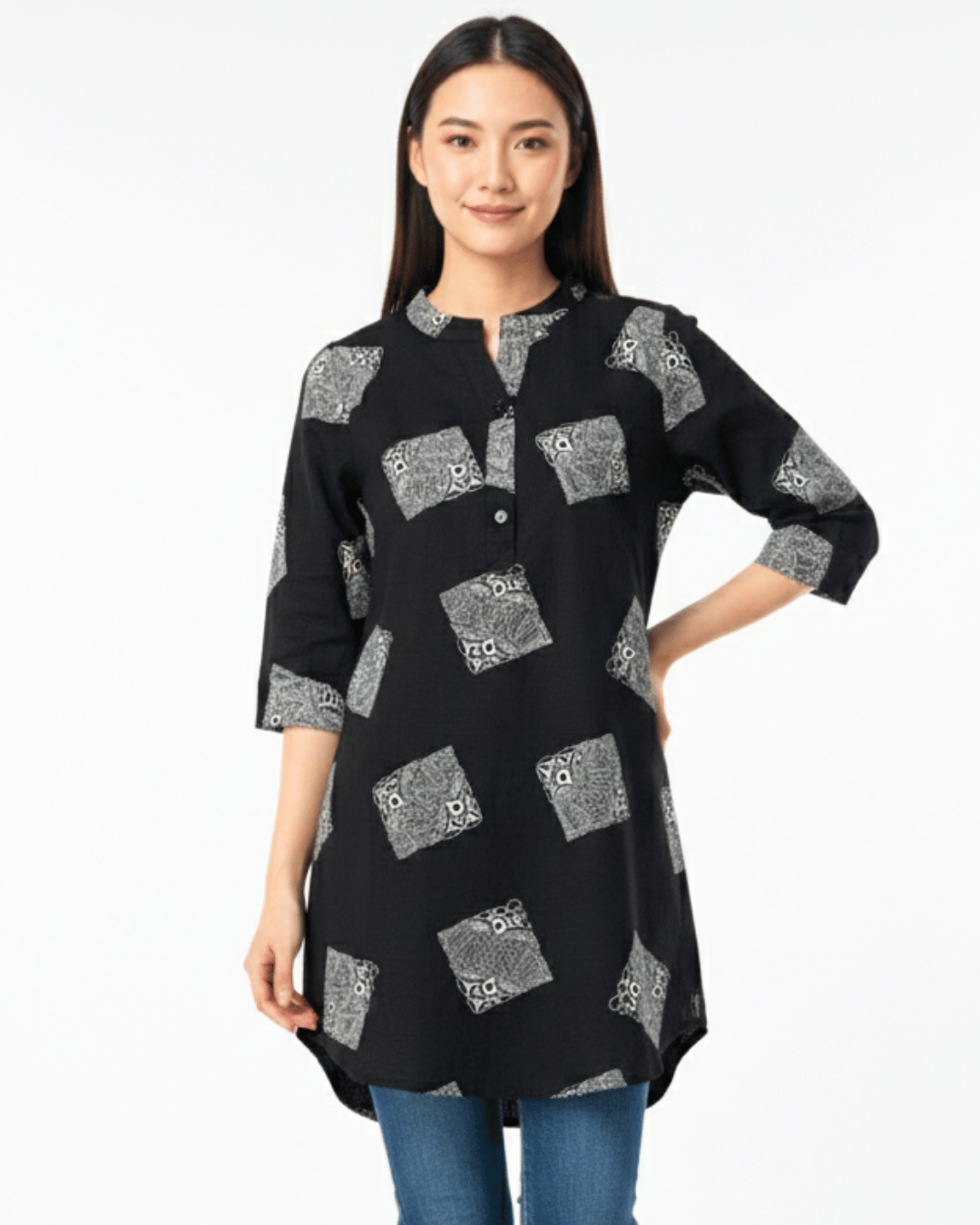 Girls' Geometric Print Mandarin Collar Tunic