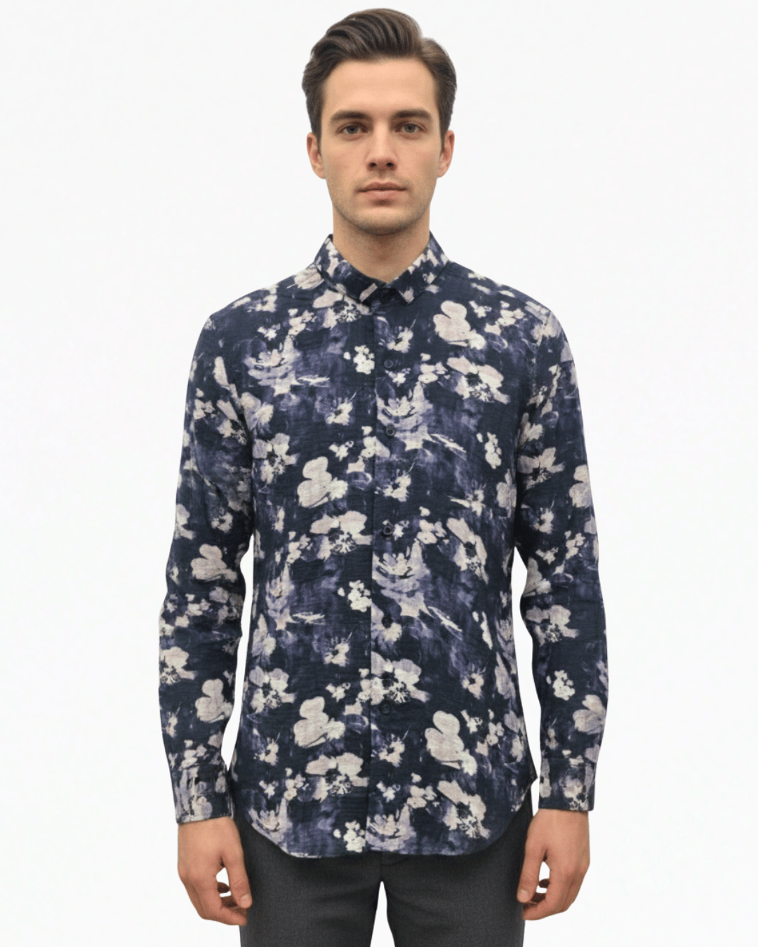 Casual Shirt Printed Long-sleeve - Indigo Floral