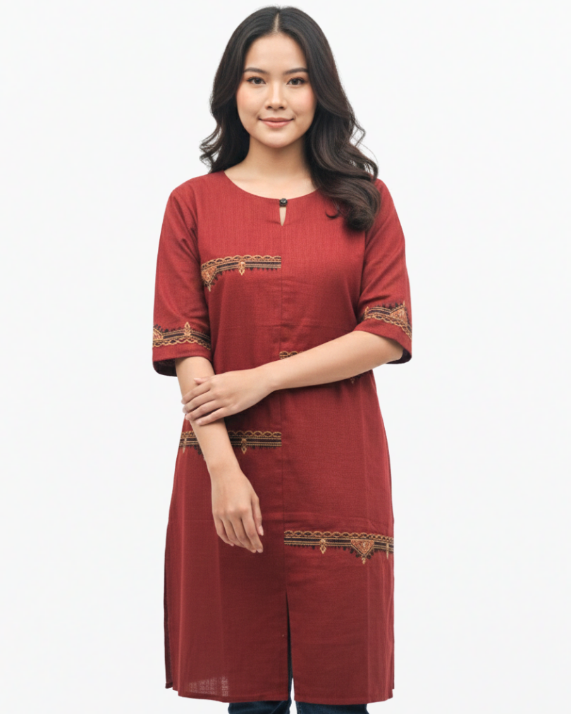 Embroidered A-Line Tunic with Keyhole Neck