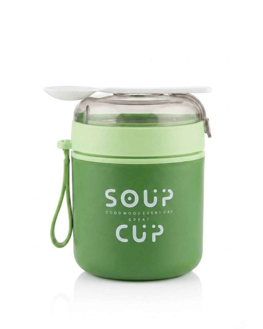 Insulated Stainless Steel Soup Cup with Integrated Spoon & Carry Strap | Green