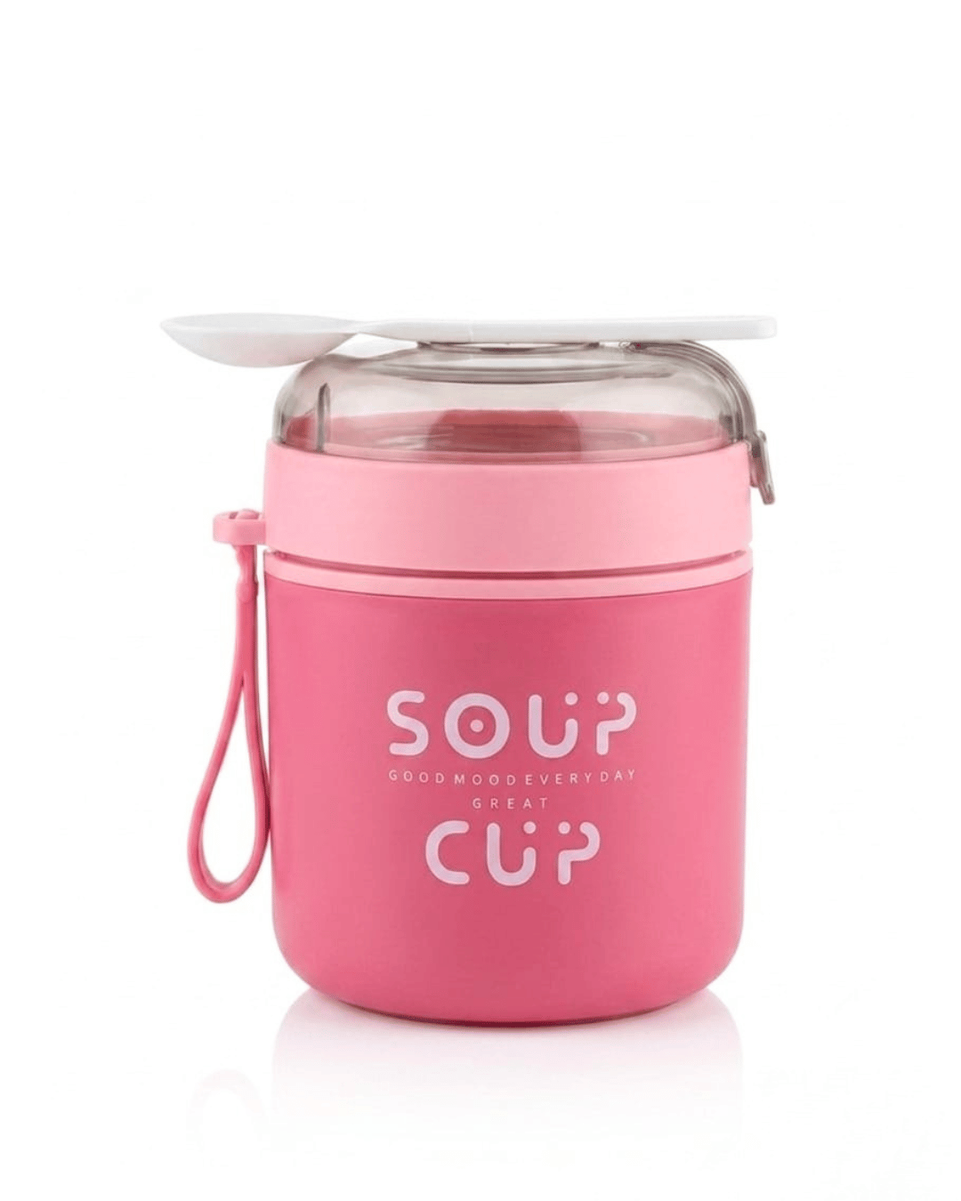 Insulated Stainless Steel Soup Cup with Integrated Spoon & Carry Strap | Pink