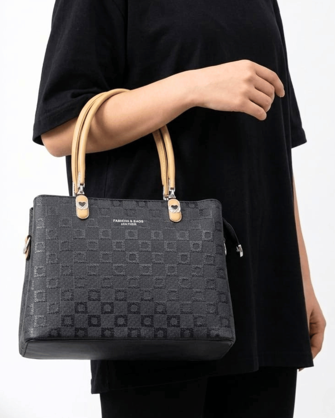 Stylish Textured Handbag with Contrast Handles and Crossbody Strap | Black