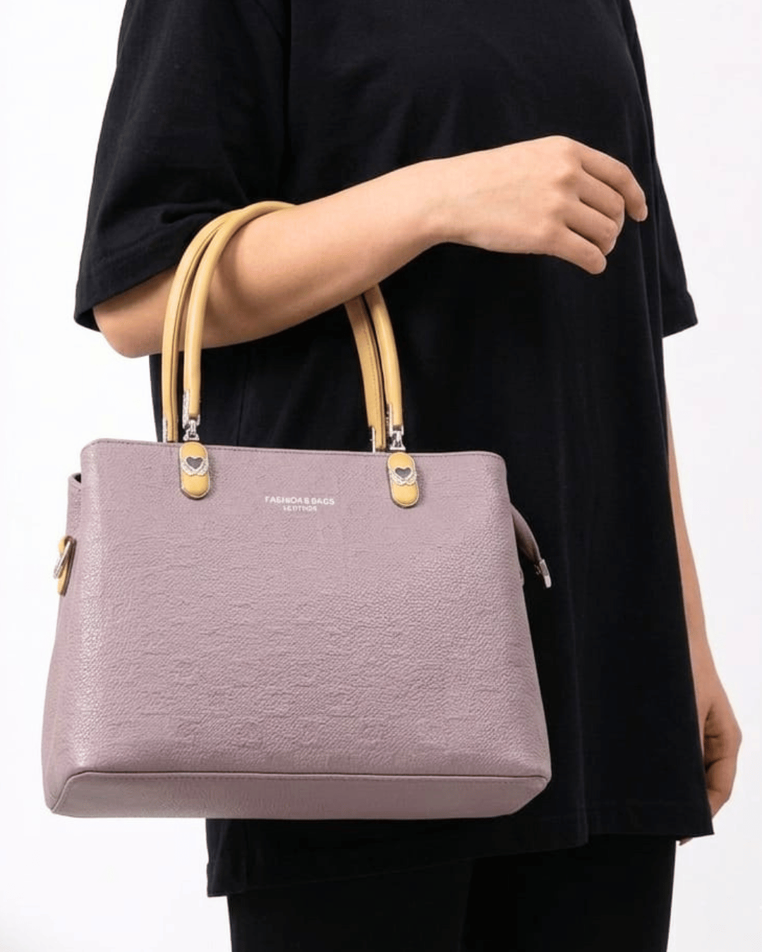 Stylish Textured Handbag with Contrast Handles and Crossbody Strap | Lavender