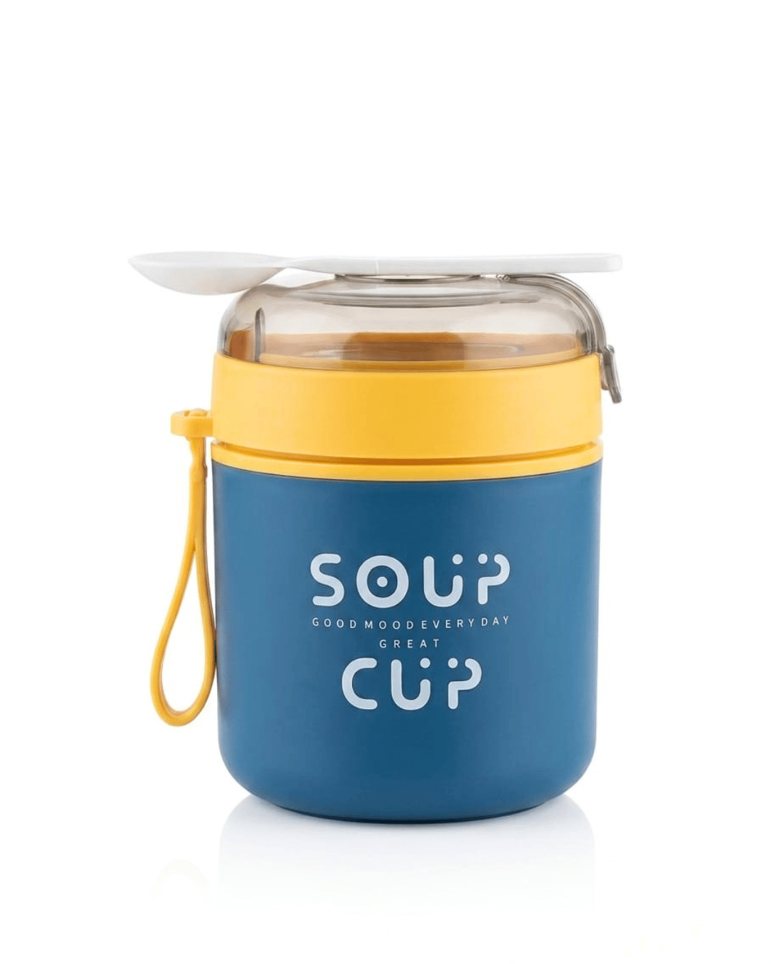 Insulated Stainless Steel Soup Cup with Integrated Spoon & Carry Strap | Blue