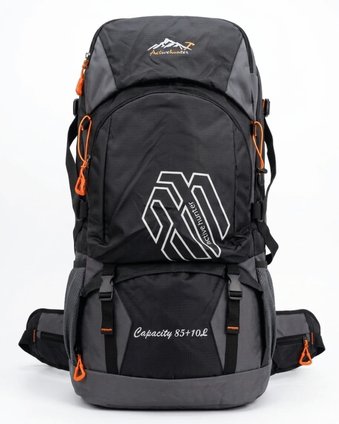 Active Hunter Professional 85L+10L High-Capacity Expedition Hiking & Traveling Backpack | Black, Grey & Orange Edition