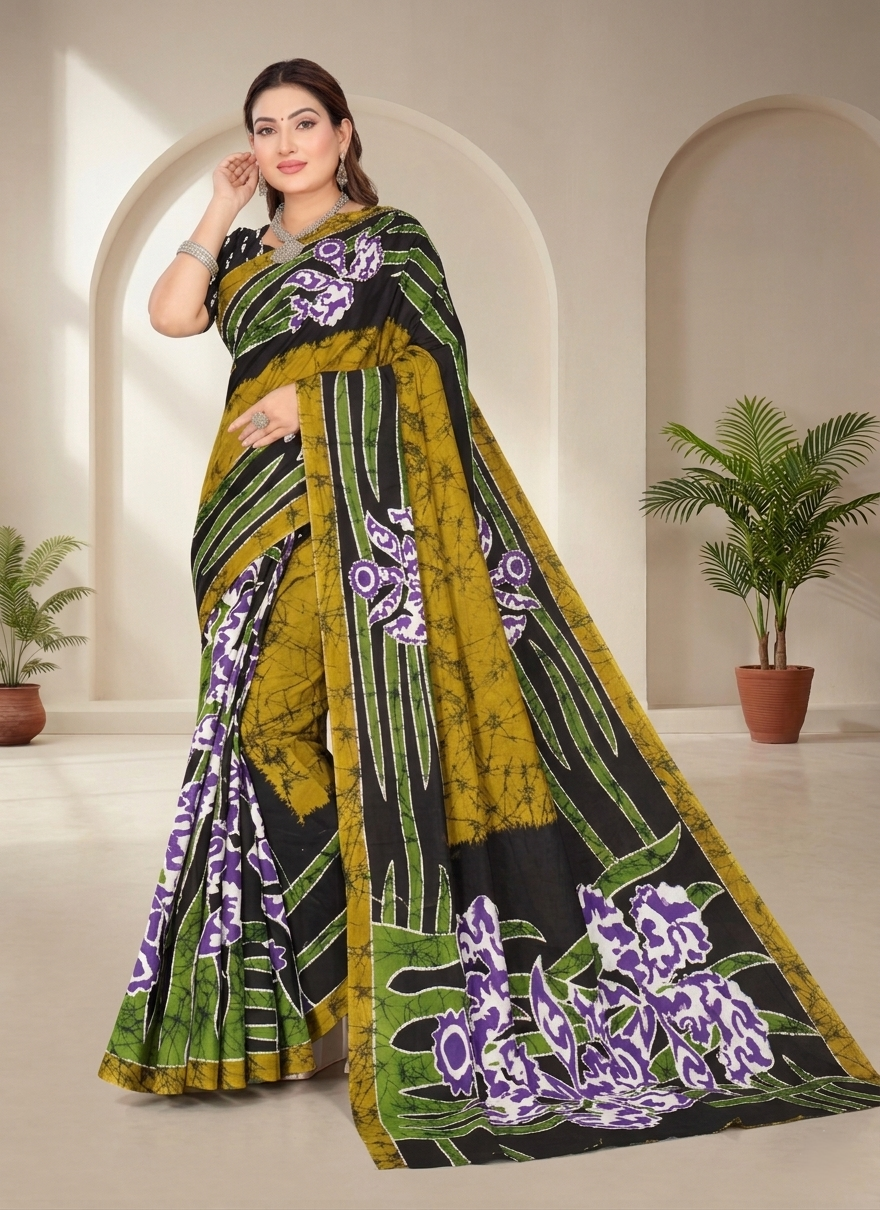 Verdant Bloom: Indian Oil Batik Saree