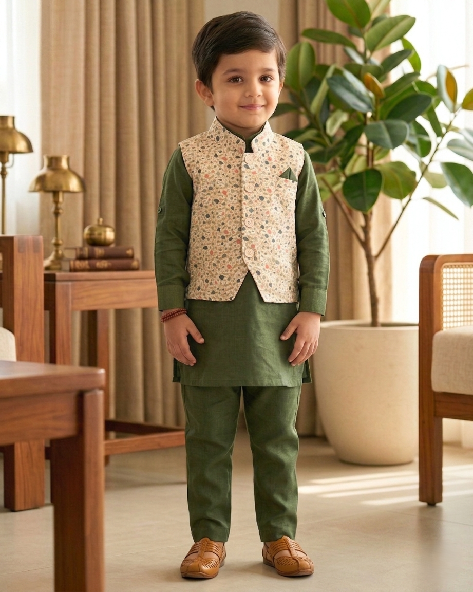 Boys' Premium Kurta & Waistcoat 3-Piece Set | Olive