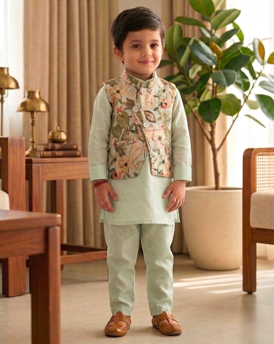 Boys' Premium Kurta & Waistcoat 3-Piece Set | Mint Green
