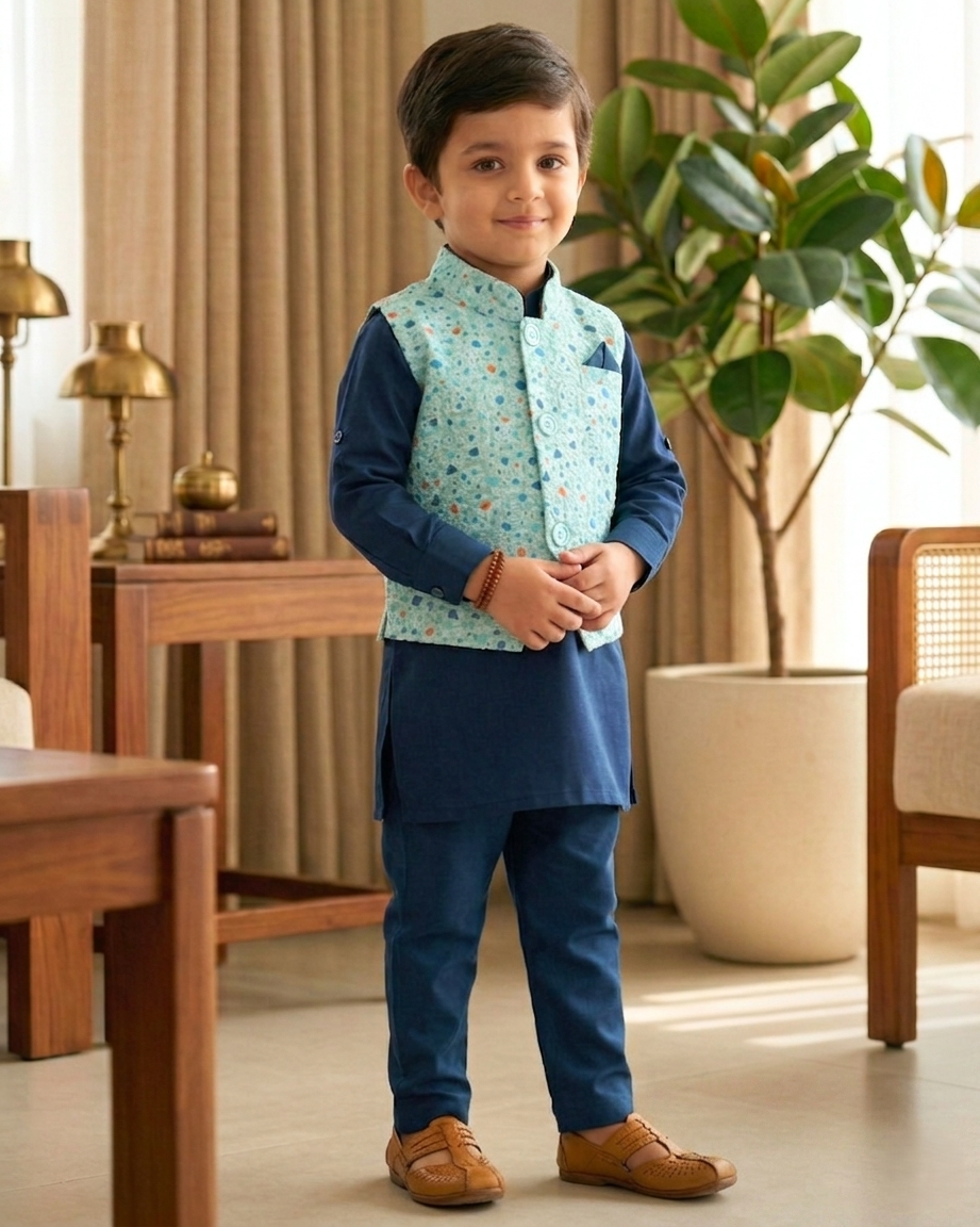 Boys' Premium Kurta & Waistcoat 3-Piece Set | Blue