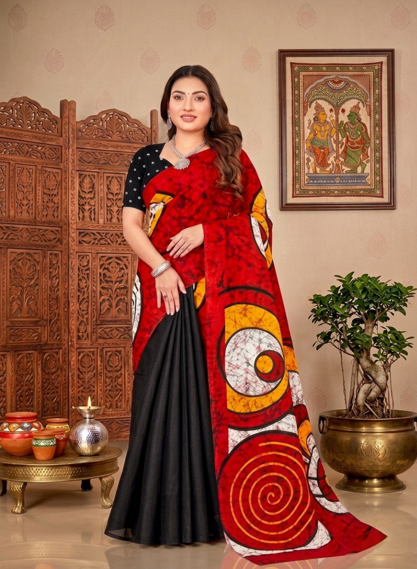 Crimson Spiral: Batik Saree