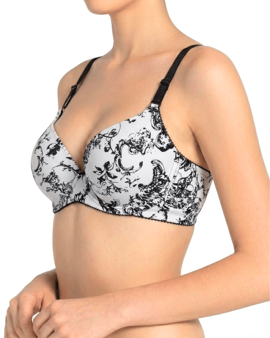 Ladies Push Up Bra | White with Black Baroque Floral Print