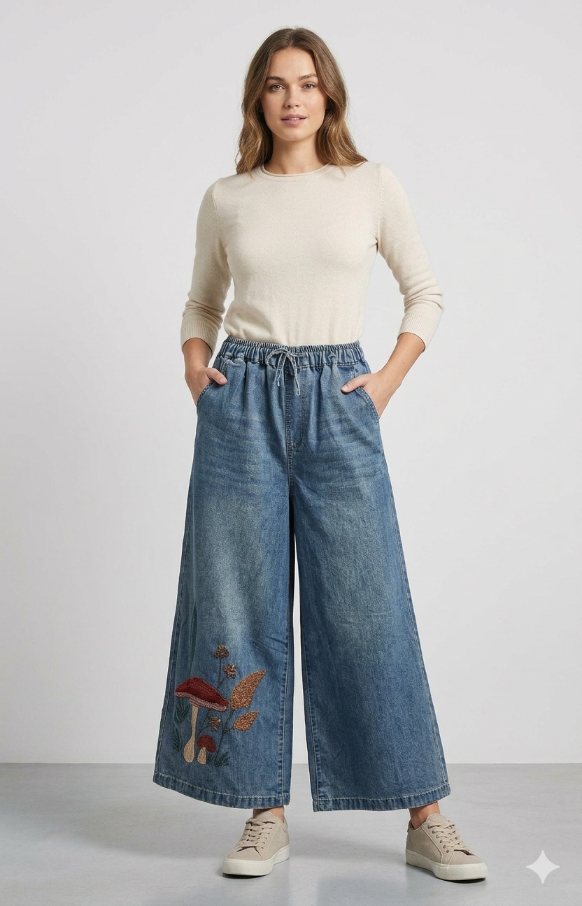 Mushroom Embroidered Wide-Leg Denim Palazzos