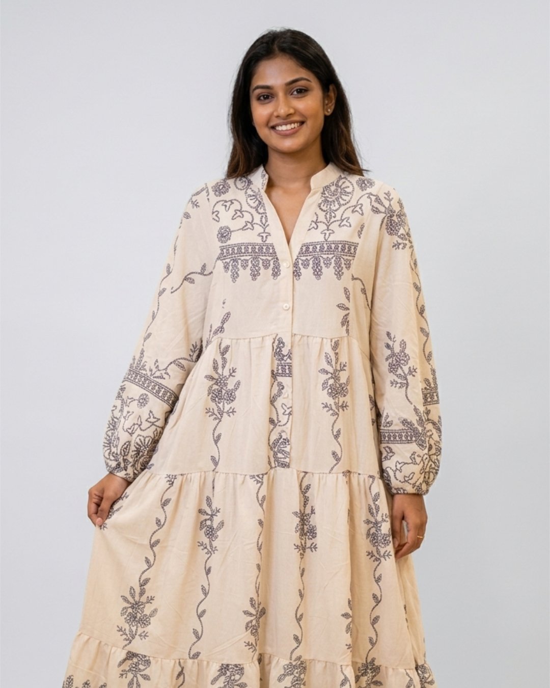Boho-Chic Tiered Smocked Midi Frock