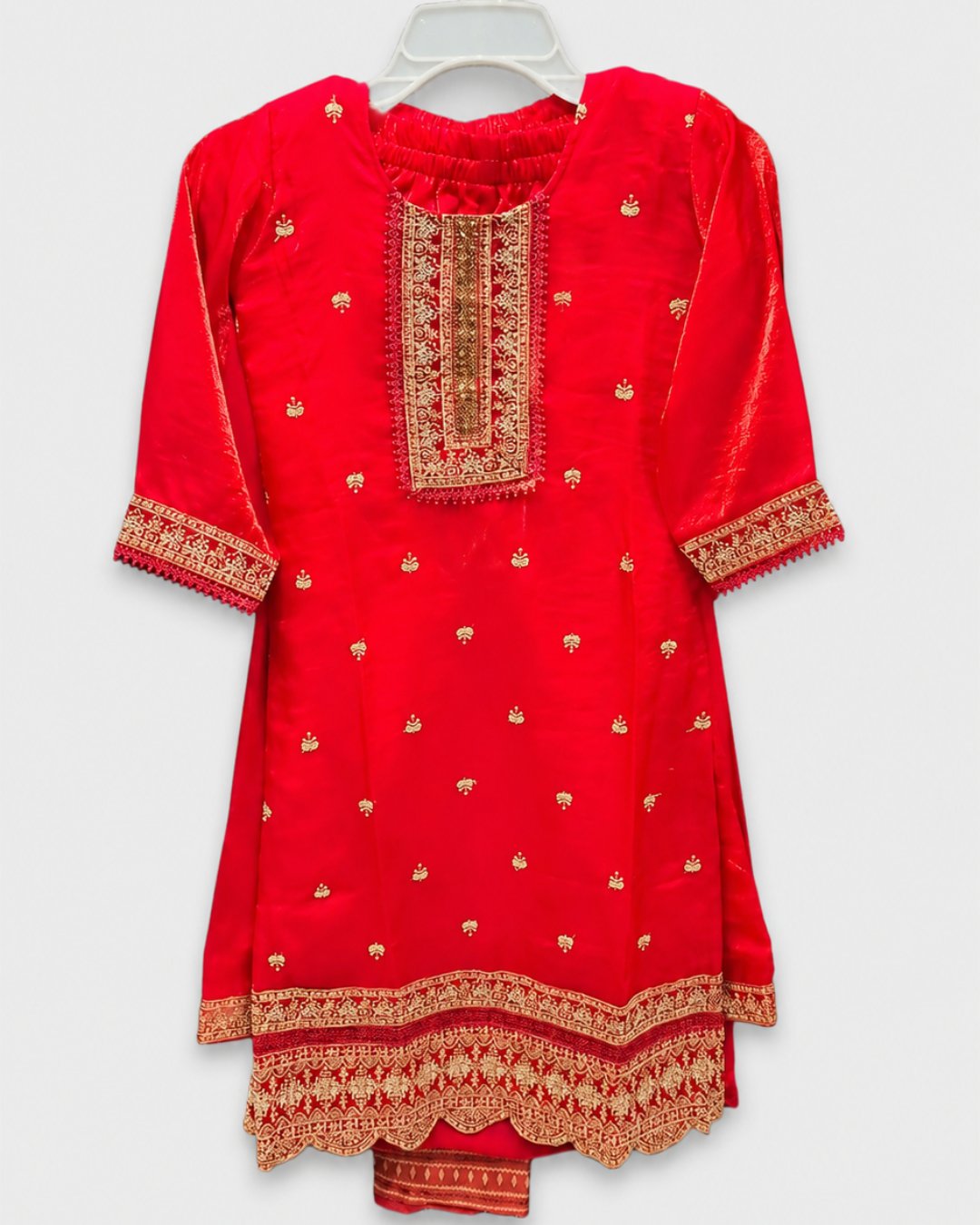 Crimson Red Embroidered Silk Kid's Shalwar Kameez Suit