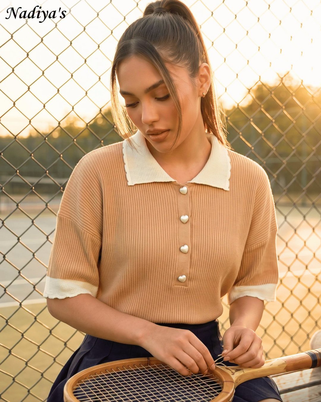Women's Ribbed Contrast Collar Knit T-Shirt | Beige