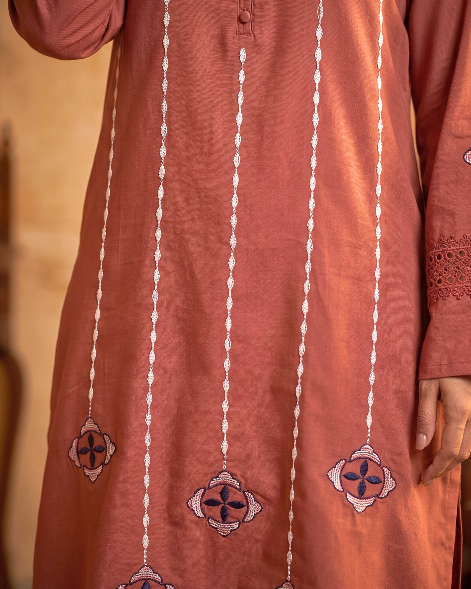 Women's Embroidered V-Neck Long Kurti Top | Dusty Rose