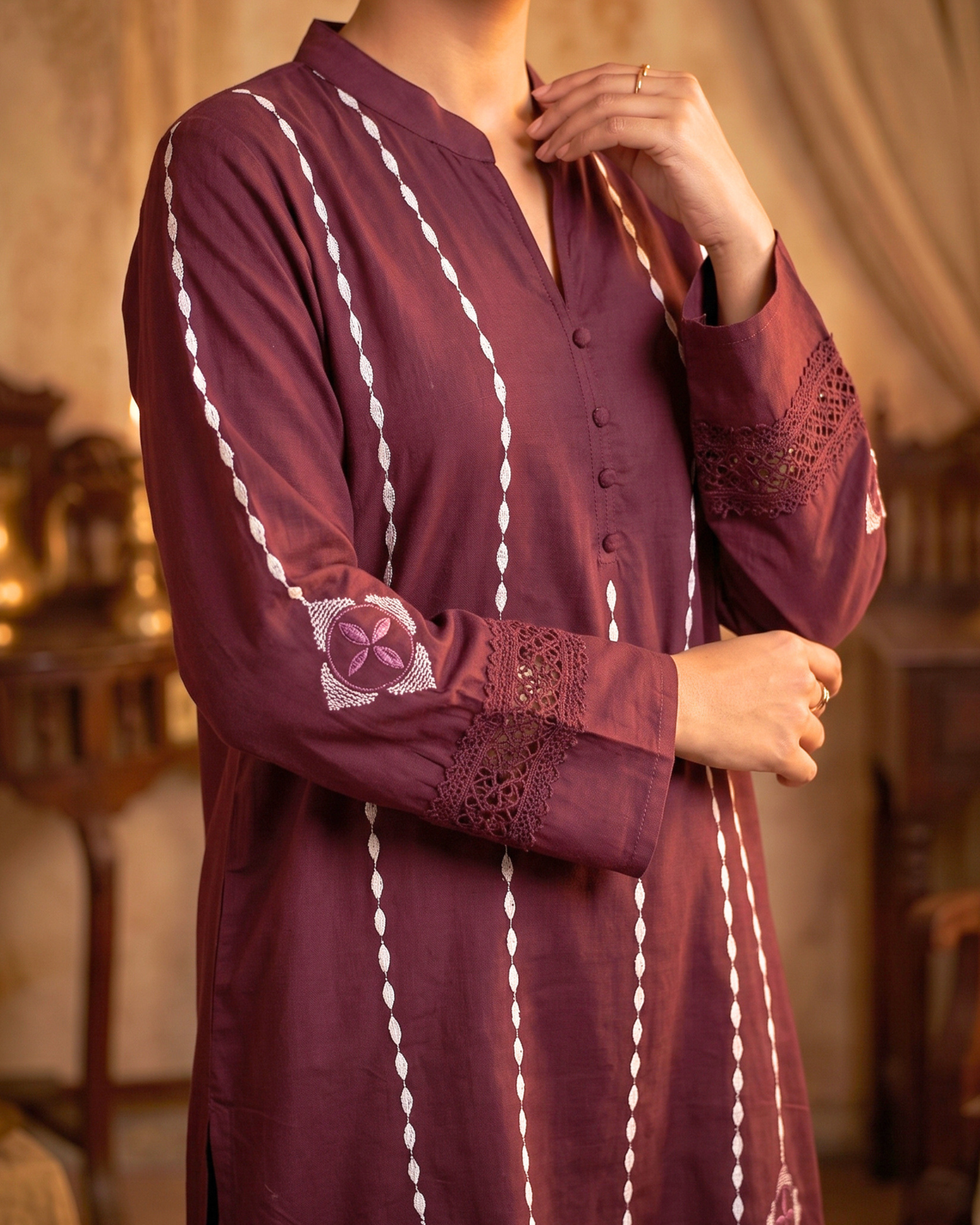 Women's Embroidered V-Neck Long Kurti Top | Deep Plum