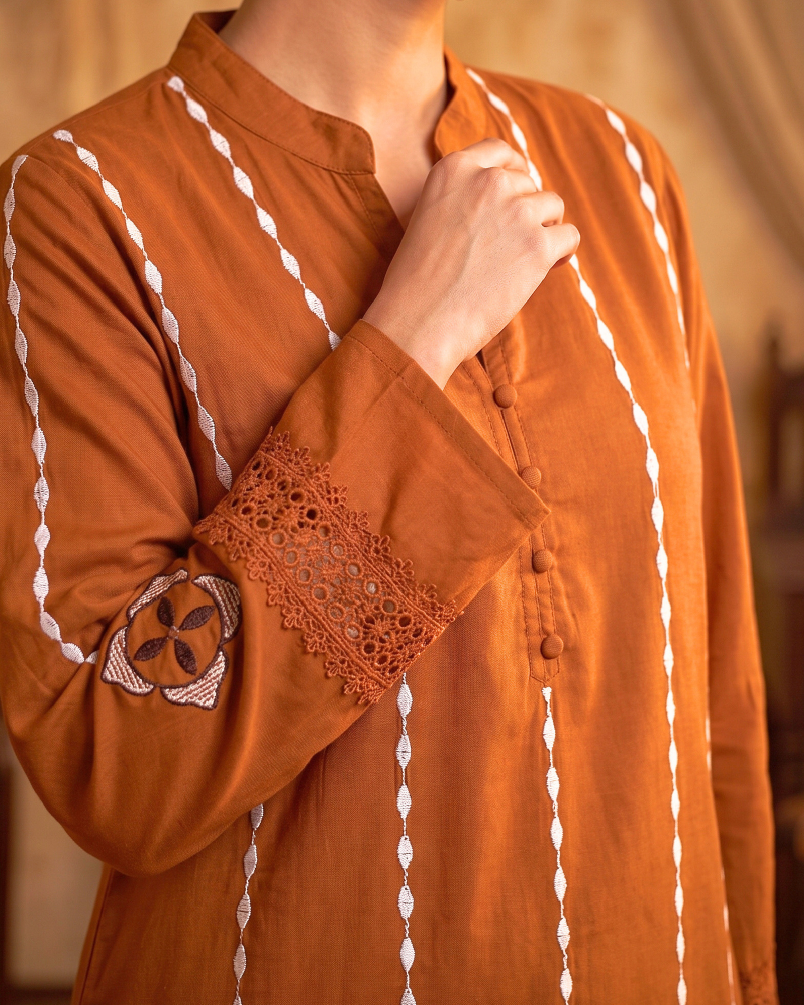 Women's Embroidered V-Neck Long Kurti Top | Rust