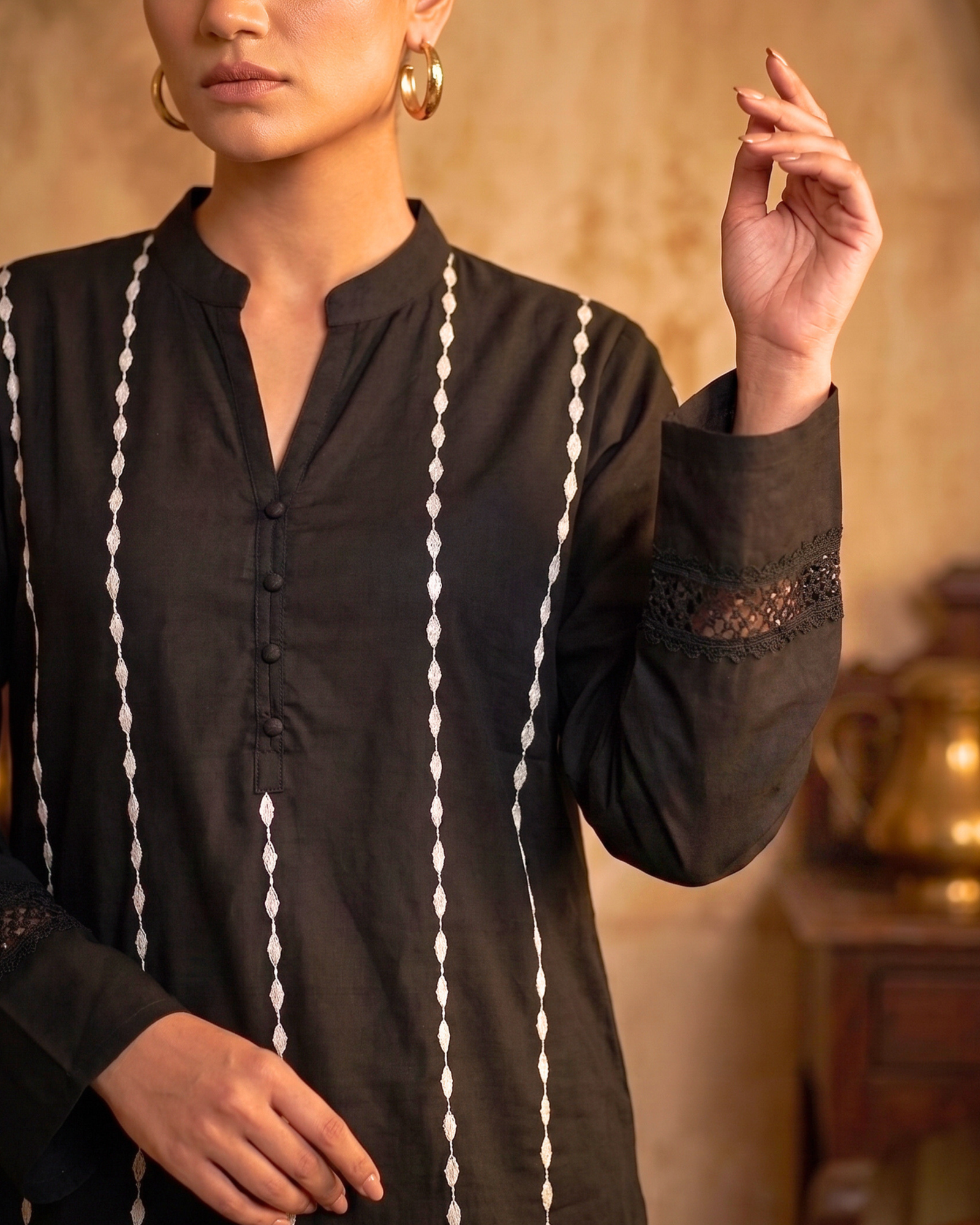 Women's Embroidered V-Neck Long Kurti Top | Black