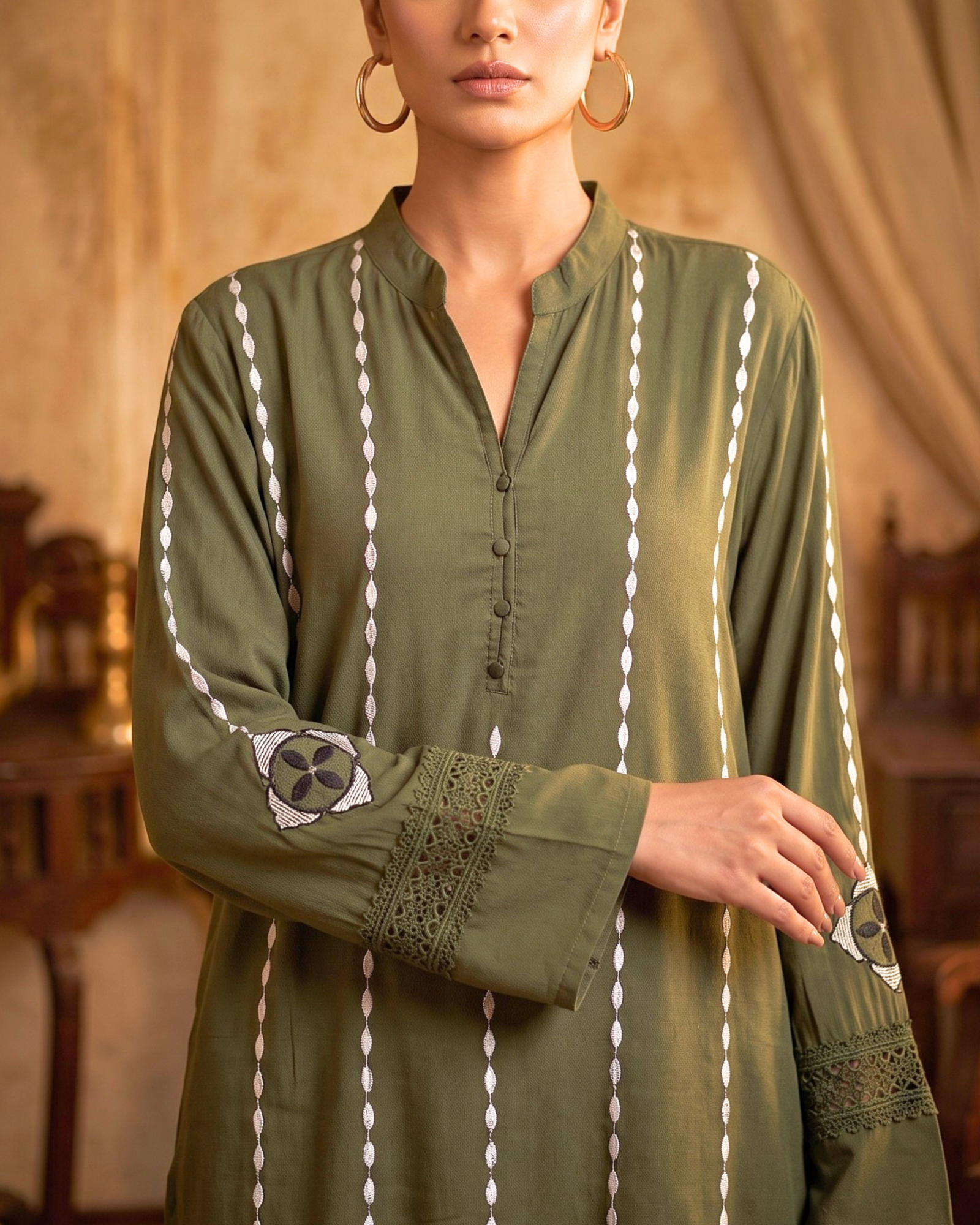 Women's Embroidered V-Neck Long Kurti Top | Olive Green
