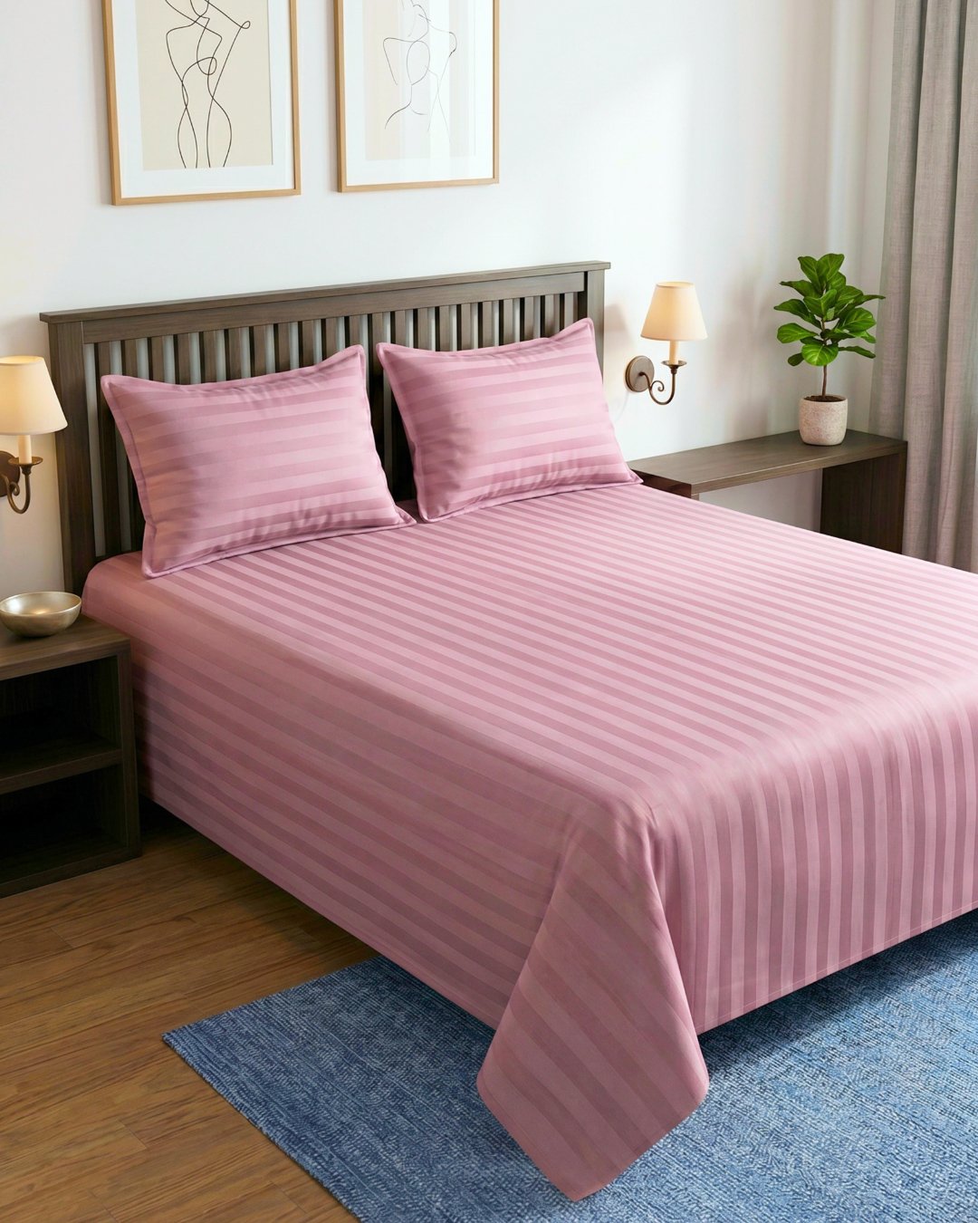 Cozy Hug Premium Satin Stripe Bed Sheet Set | Rose